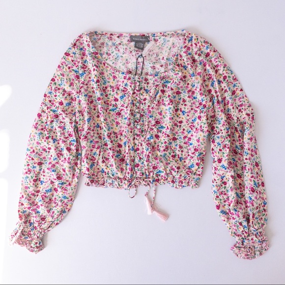 Sans Souci Boho Pink Ditsy Floral Print Balloon Sleeves Crop Top, NWT, Size XS - Picture 2 of 5